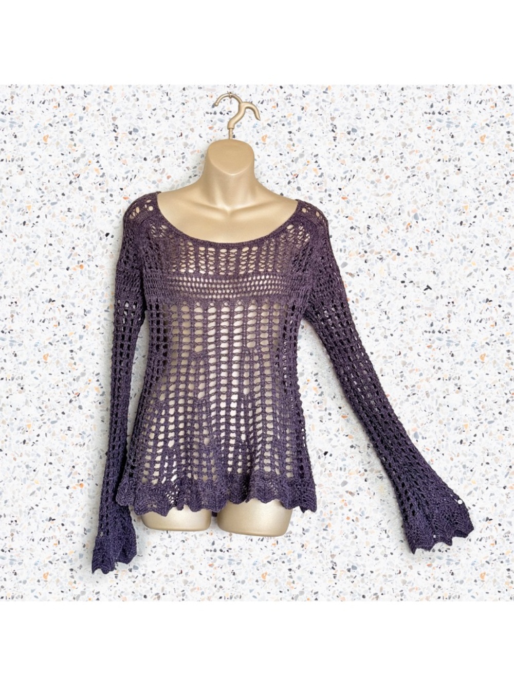 Free People Purple Open Knit Crochet Dark Fairy Whimsigoth Bell Sleeve Sweater S
